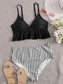 Striped Ruffle Hem High Waisted Bikini Swimsuit