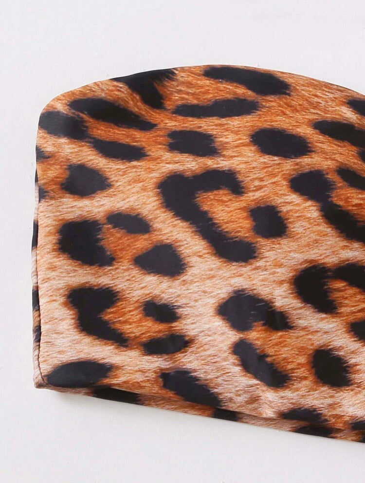Leopard Bandeau High Waisted Bikini Swimsuit