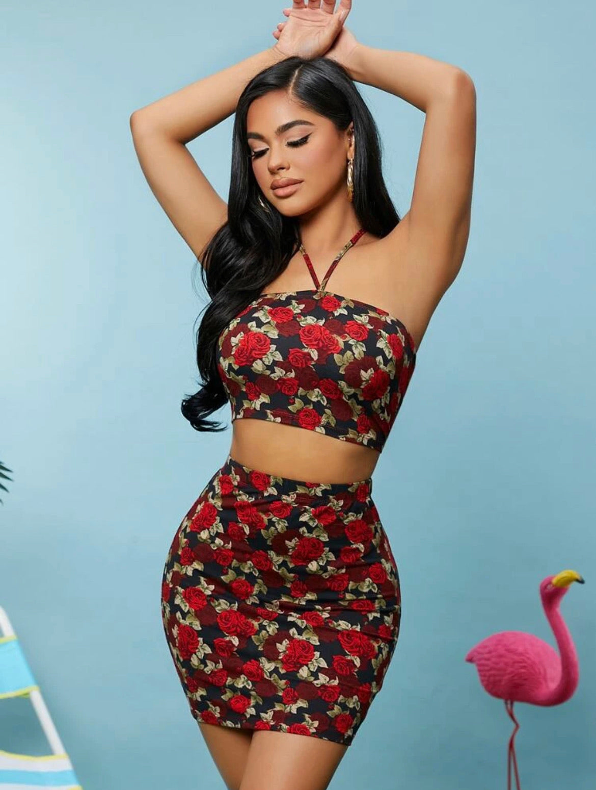 SXY Halterneck Tie Back Floral Crop Top & Bodycon Skirt Set