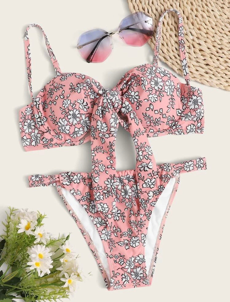 Floral Knot Front Underwire Tanga Bikini Swimsuit