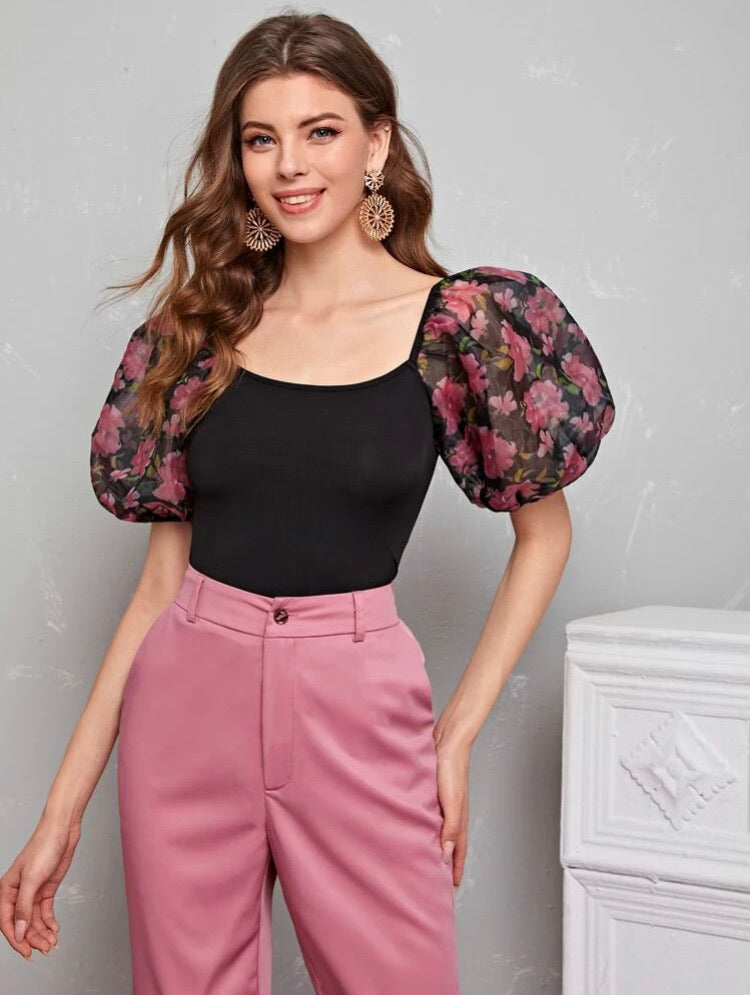 Floral Organza Puff Sleeve Fitted Top