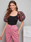 Floral Organza Puff Sleeve Fitted Top