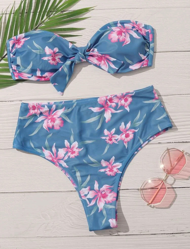 Floral Knot Front Bandeau High Waisted Bikini Swimsuit