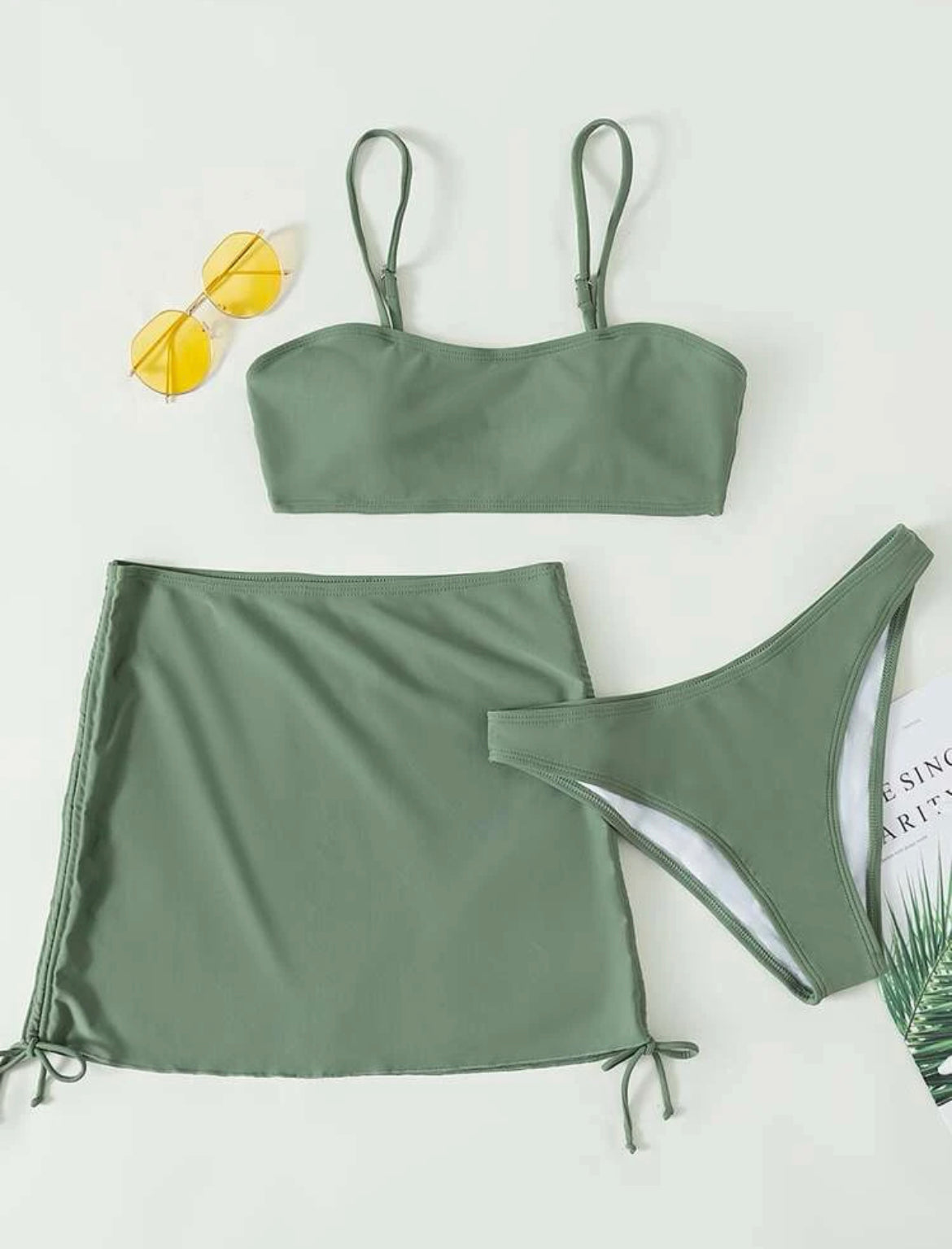 3pack Tie Side Ruched Bikini Swimsuit & Cover Up