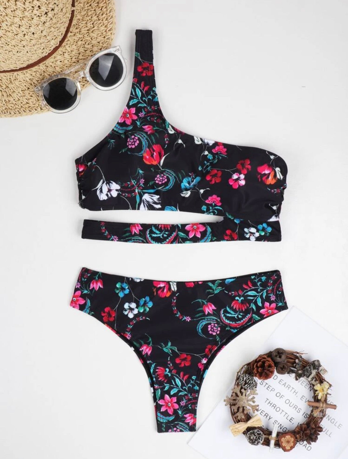 Floral Cut-out One Shoulder Bikini Swimsuit