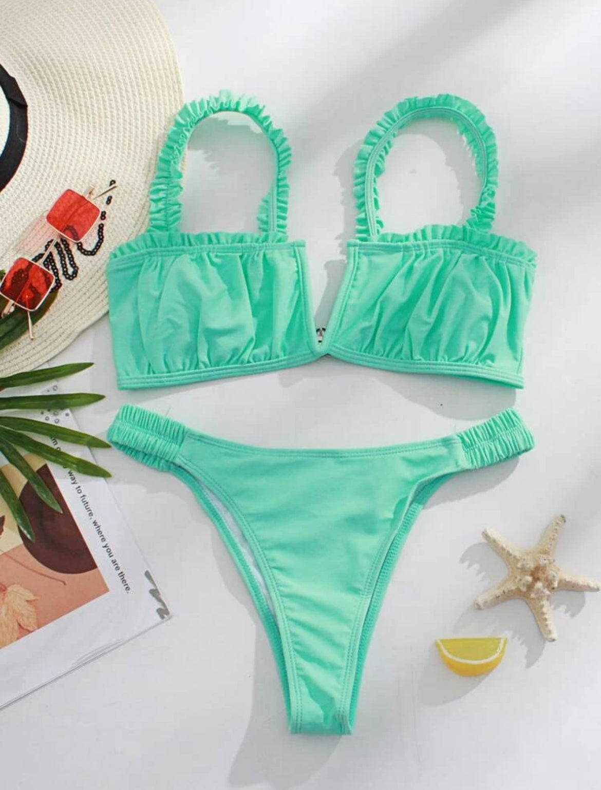 Frill Trim Ruched V Wired Bikini Swimsuit