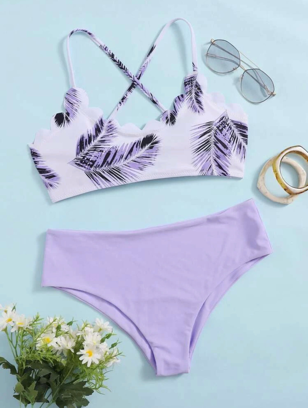 Tropical Scallop Trim Bikini Swimsuit