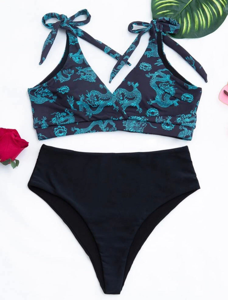 Dragon Print Tie Shoulder Bikini Swimsuit