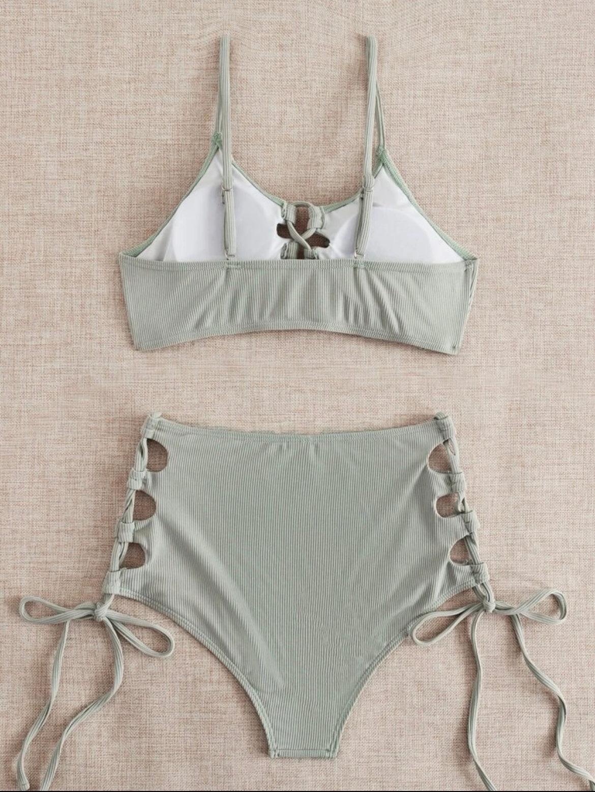 Rib Frill Trim Lace-up Bikini Swimsuit