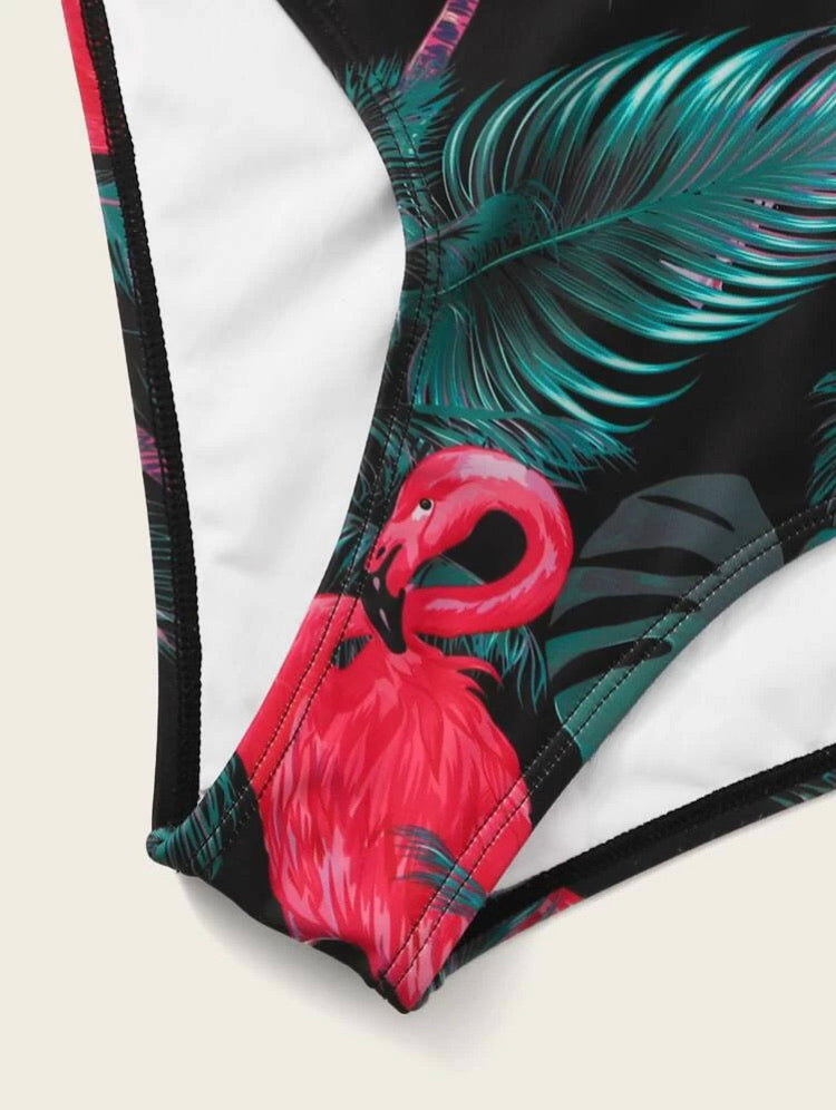 Flamingo One Shoulder High Waisted Bikini Swimsuit