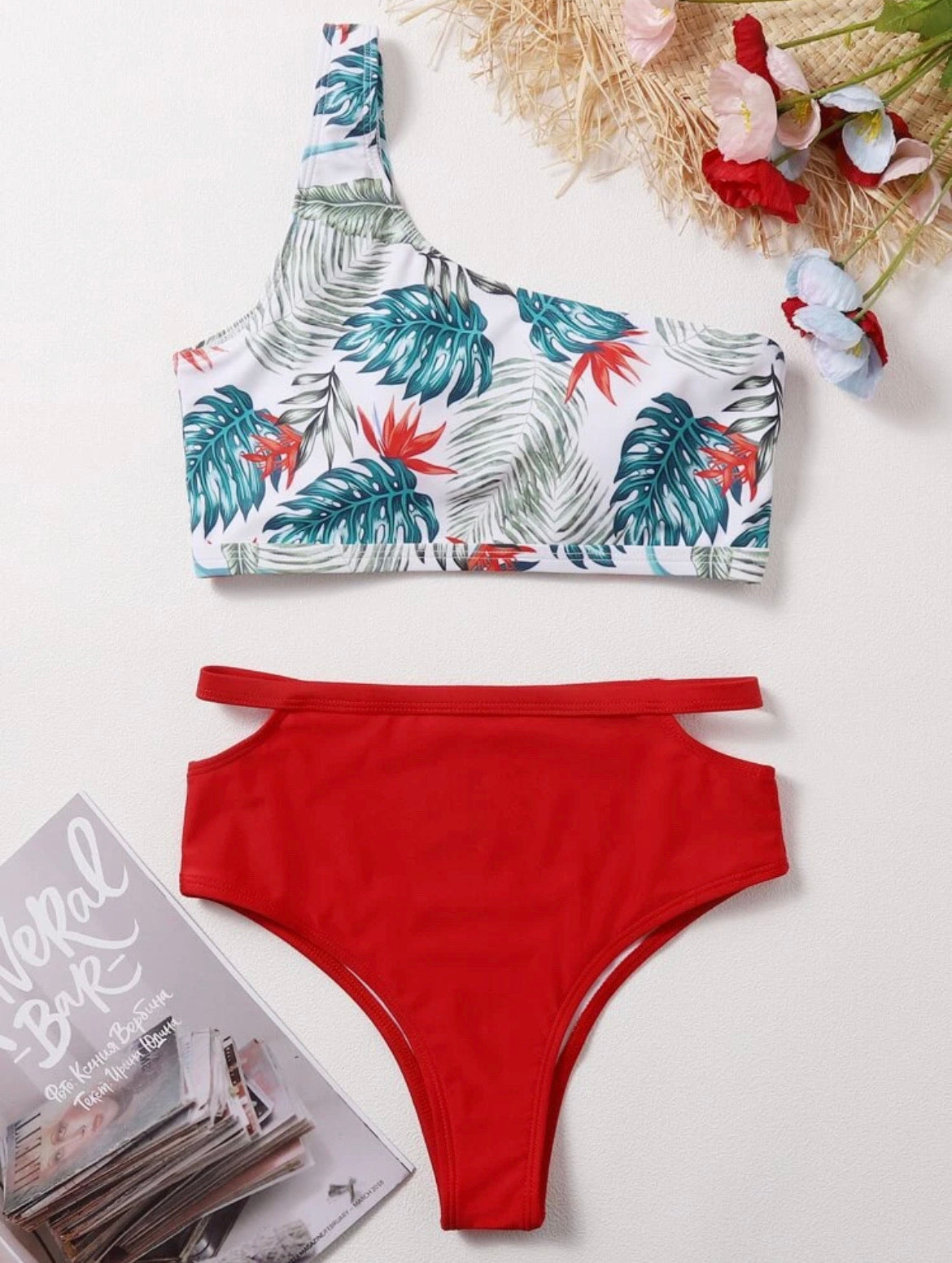 Tropical One Shoulder High Waisted Bikini Swimsuit
