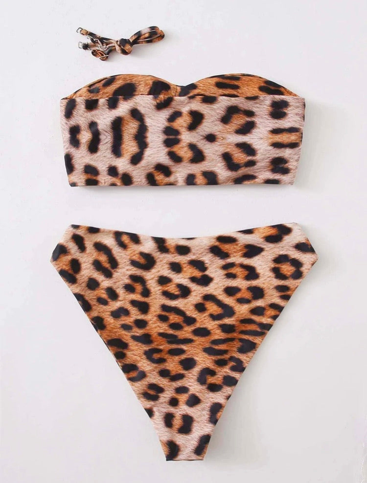 Leopard Bandeau High Waisted Bikini Swimsuit