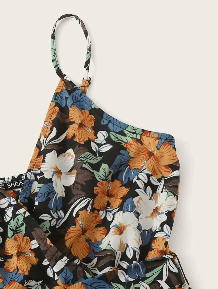 Surplice Neck Self Belted Floral Print Slip Romper