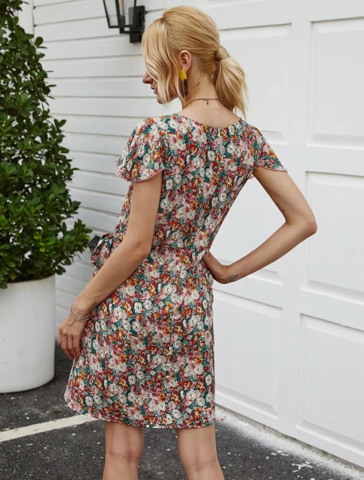 Ruffle Trim Wrap Knot Floral Dress