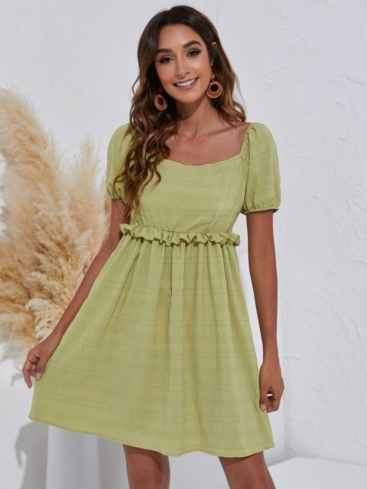 Puff Sleeve Shirred Back Frill Trim Dress