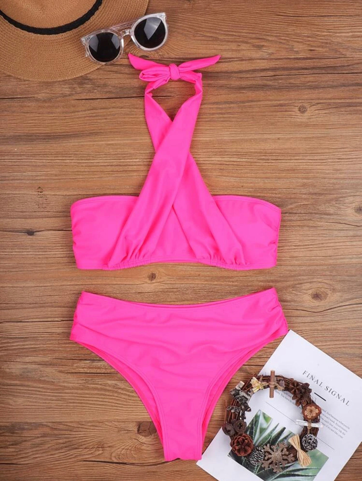 Ruched Crisscross Halter Bikini Swimsuit