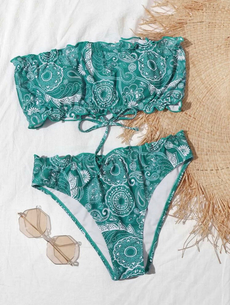 Tribal Lettuce Trim Bandeau Bikini Swimsuit
