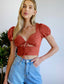 Sweetheart Neck Puff Sleeve Cut Out Knot Front Crop Top