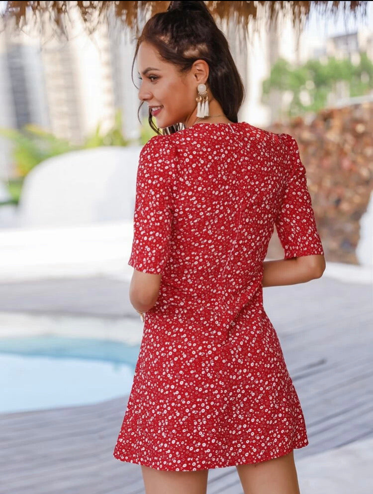 Twist Front Puff Sleeve Ditsy Floral Dress