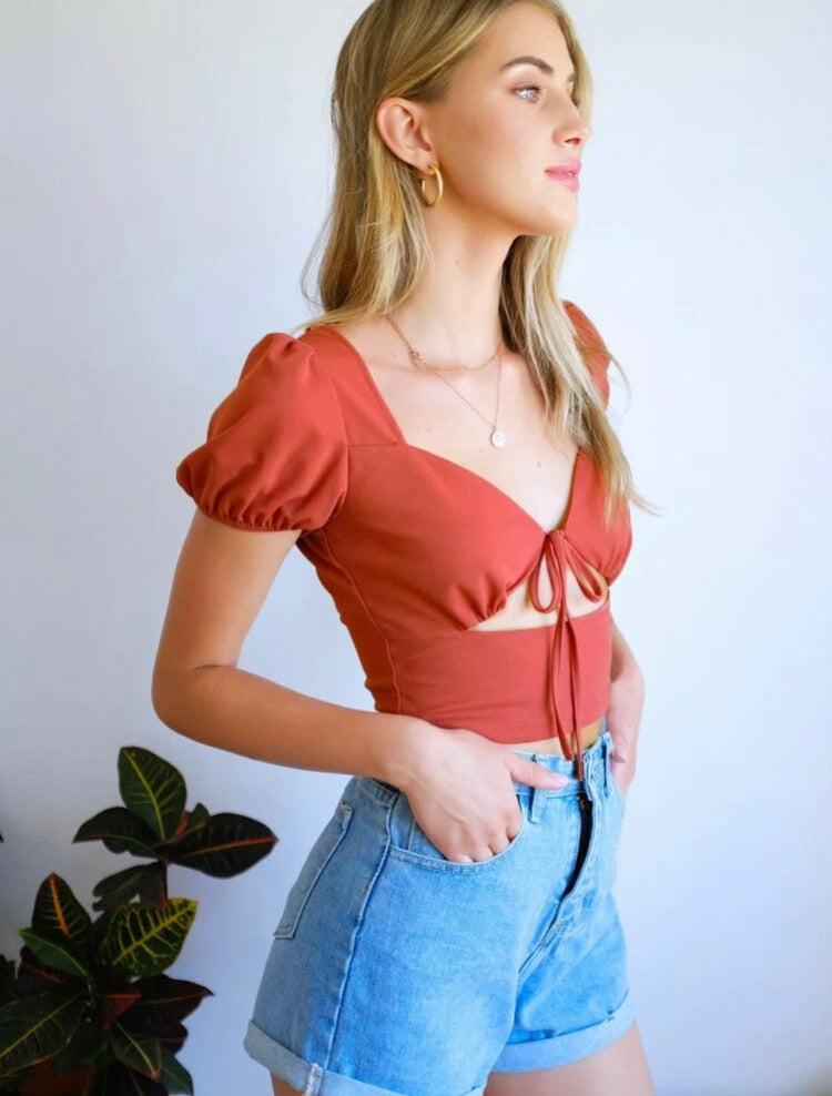 Sweetheart Neck Puff Sleeve Cut Out Knot Front Crop Top