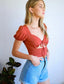 Sweetheart Neck Puff Sleeve Cut Out Knot Front Crop Top