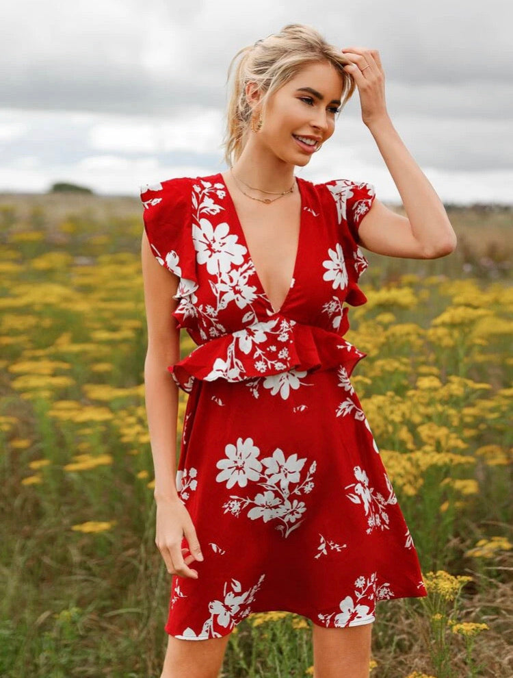 Plunging Neck Tie Back Ruffle Trim Floral Dress