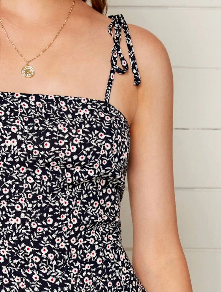 Knot Straps Shirred Back Ditsy Floral Dress