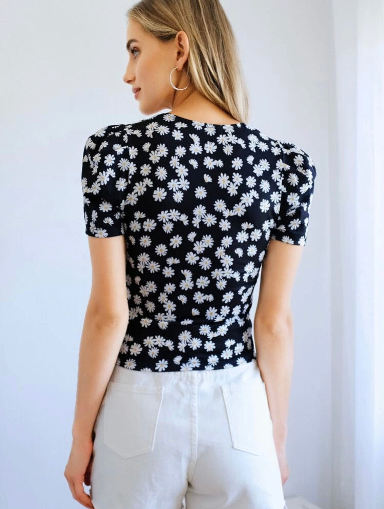 Daisy Floral Print Sweetheart Neck Top