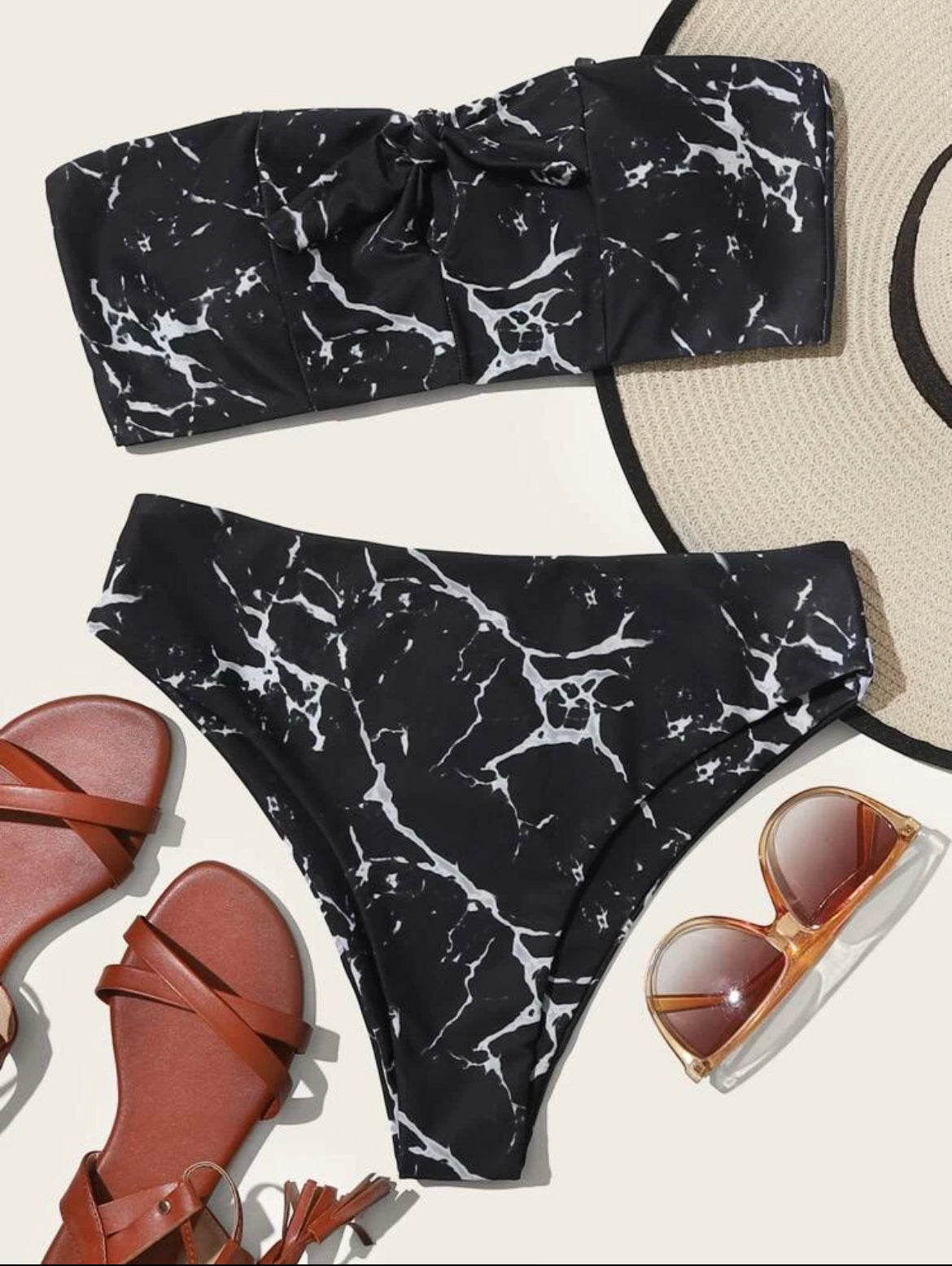 Marble Print Knot Front Bandeau Bikini Swimsuit