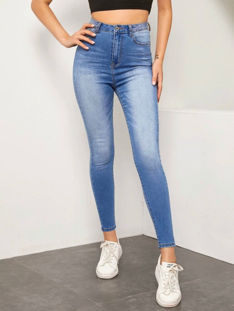 Bleach Wash High Waist High Stretch Skinny Jeans