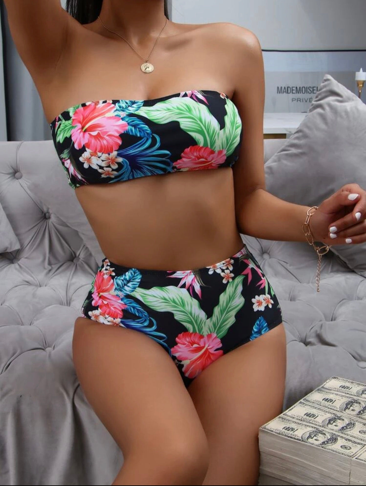 Tropical Bandeau Bikini Swimsuit