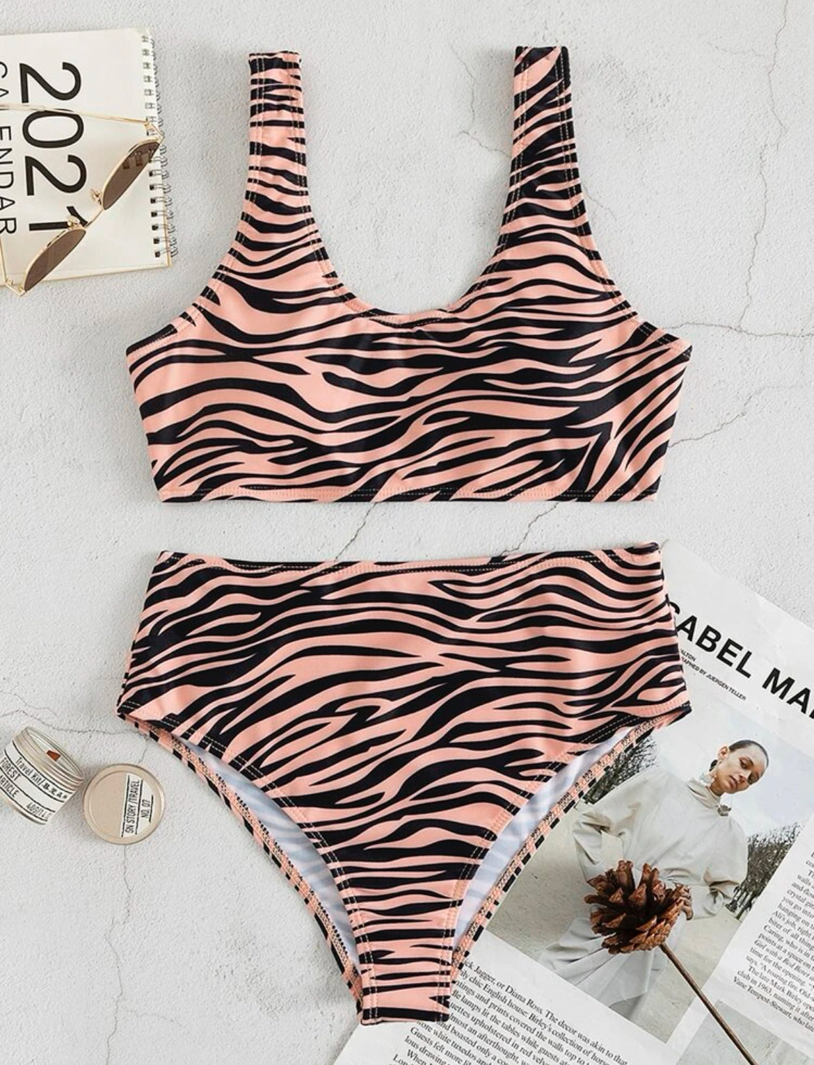 Zebra Stripe High Waisted Bikini Swimsuit