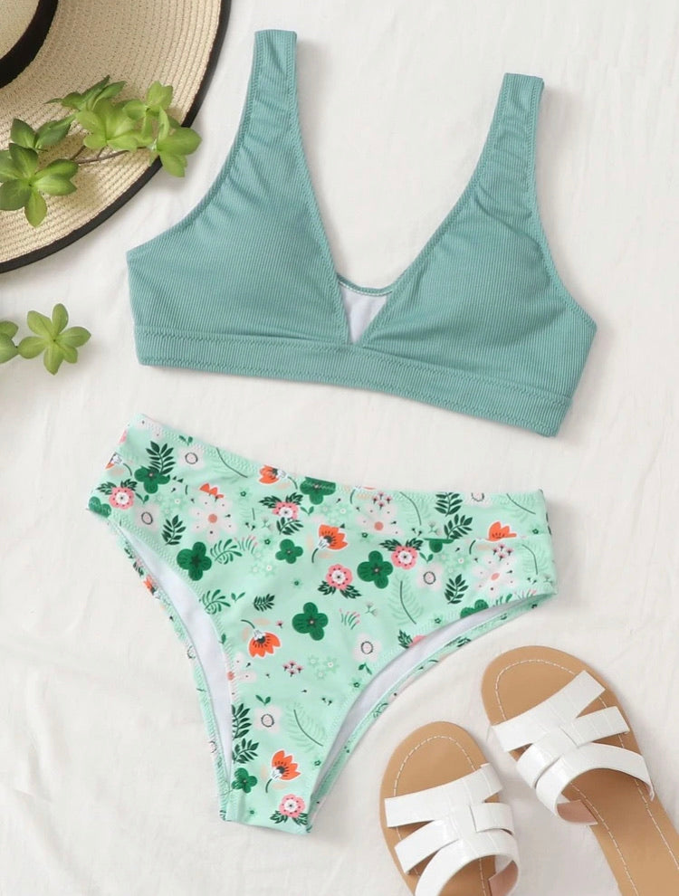 Floral Rib High Waist Bikini Swimsuit