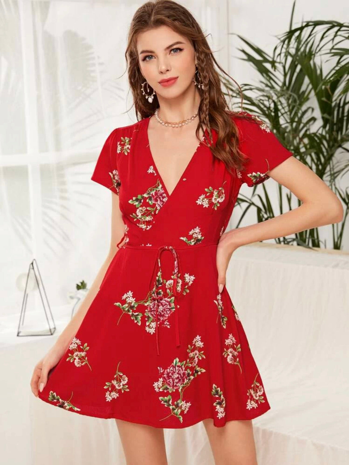 Surplice Neck Floral Print Belted Dress