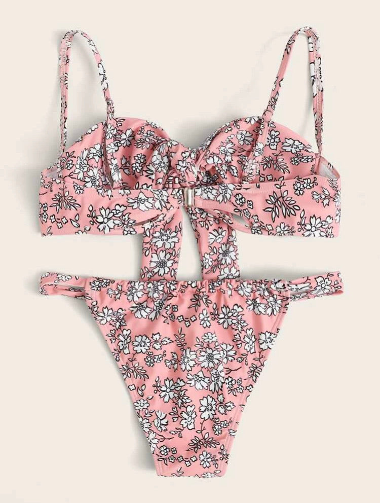Floral Knot Front Underwire Tanga Bikini Swimsuit
