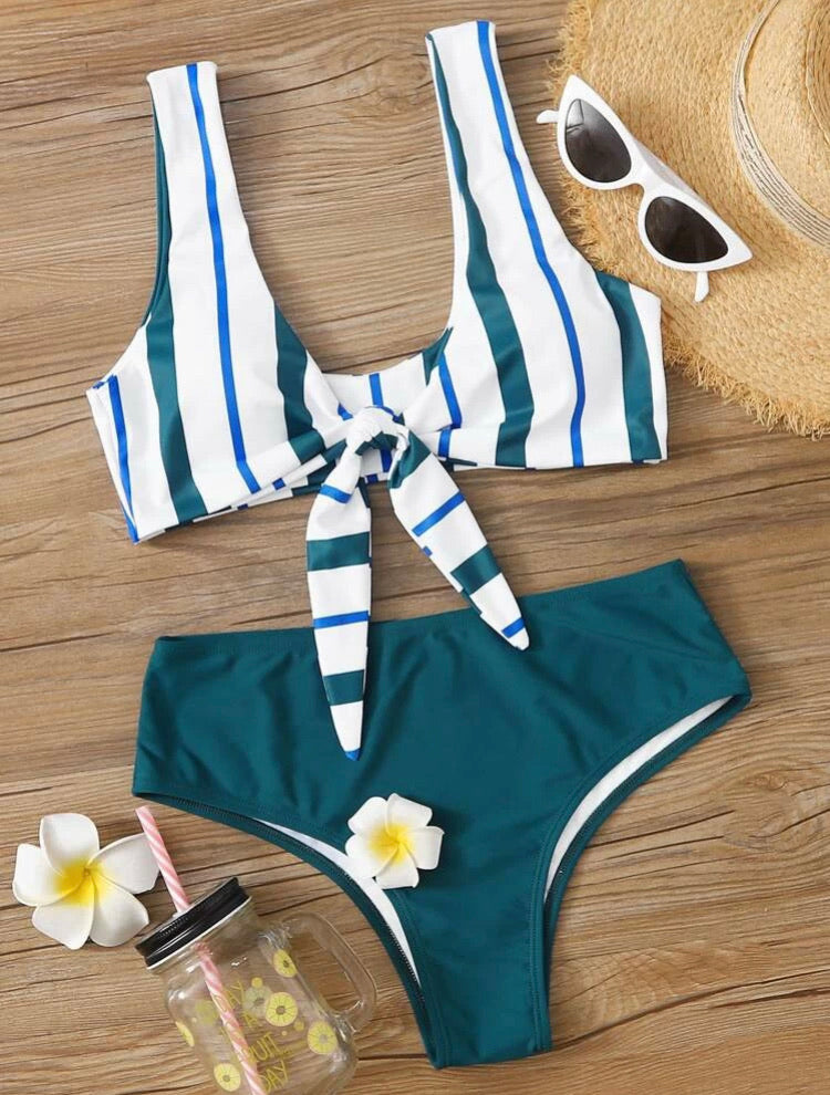 Striped Knot Front High Waisted Bikini Swimsuit