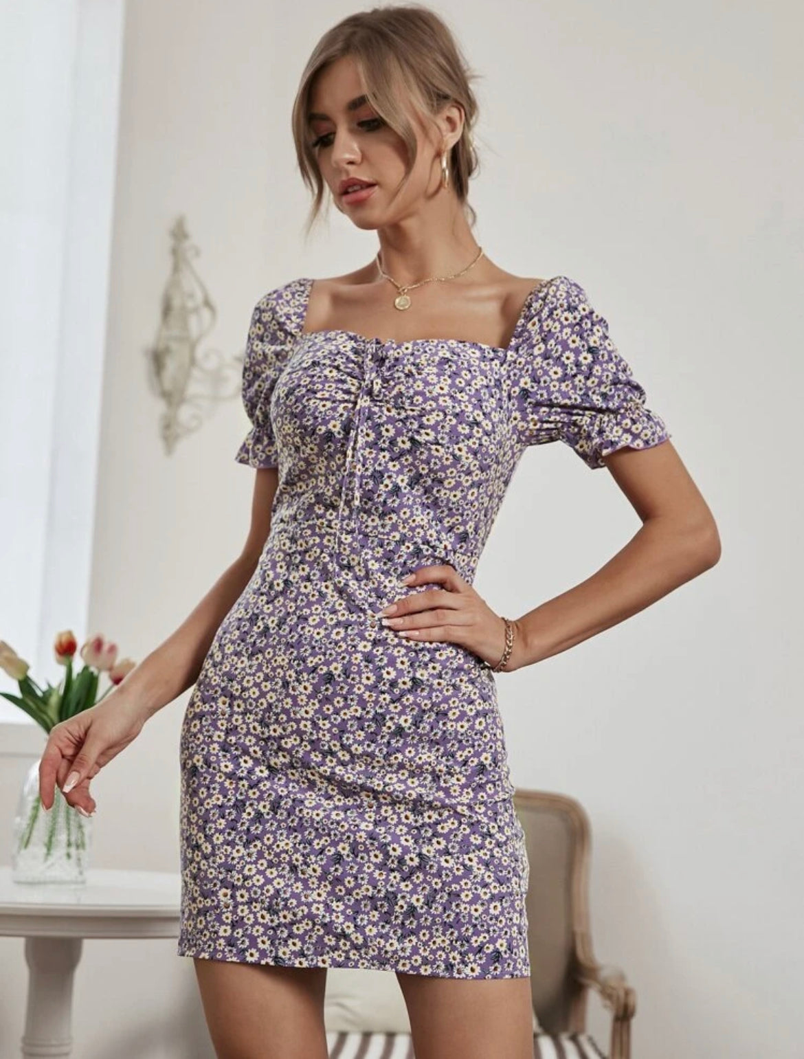 Ditsy Floral Print Knot Front Dress