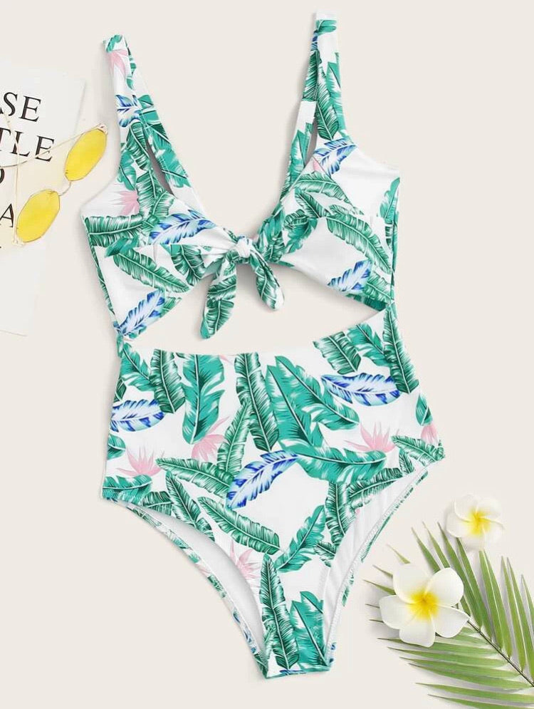 Tropical Cut-out Knot Front One Piece Swimsuit
