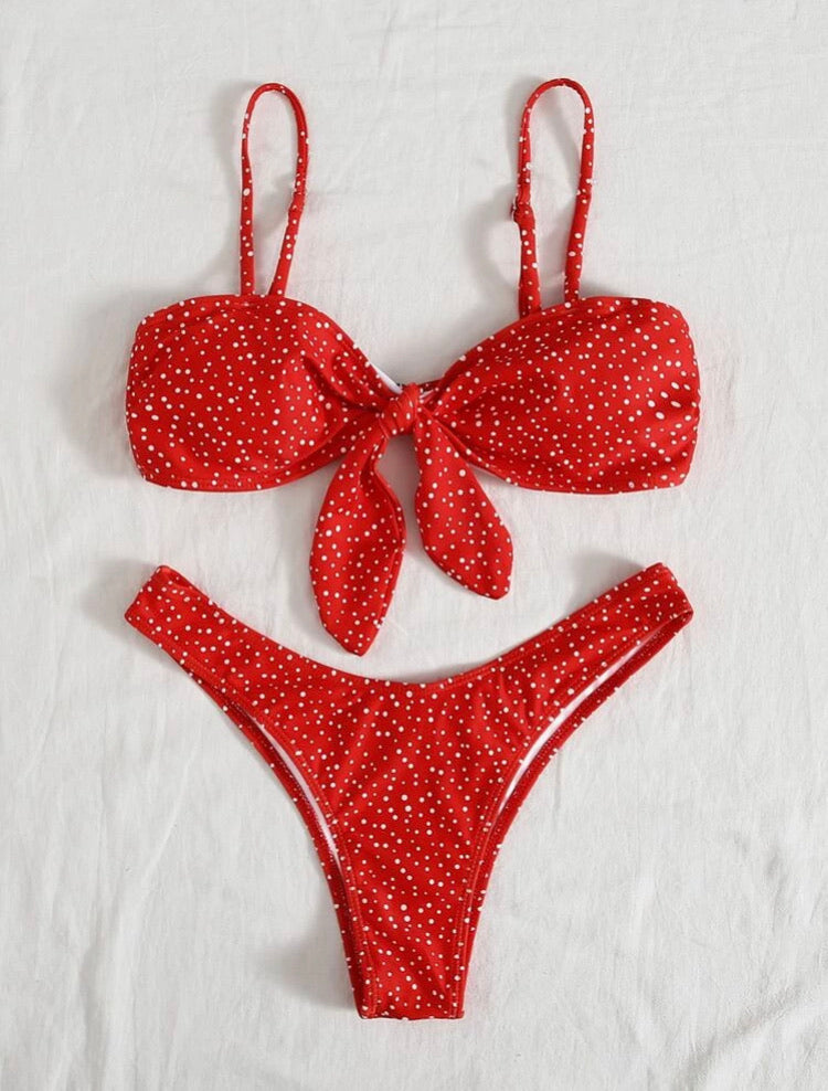 Polka Dot Knot Front High Leg Bikini Swimsuit