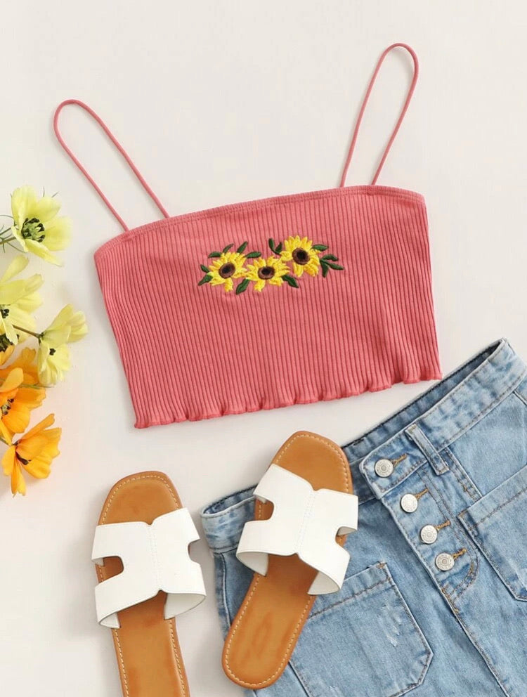 Sunflower Embroidery Lettuce Trim Crop Cami Top