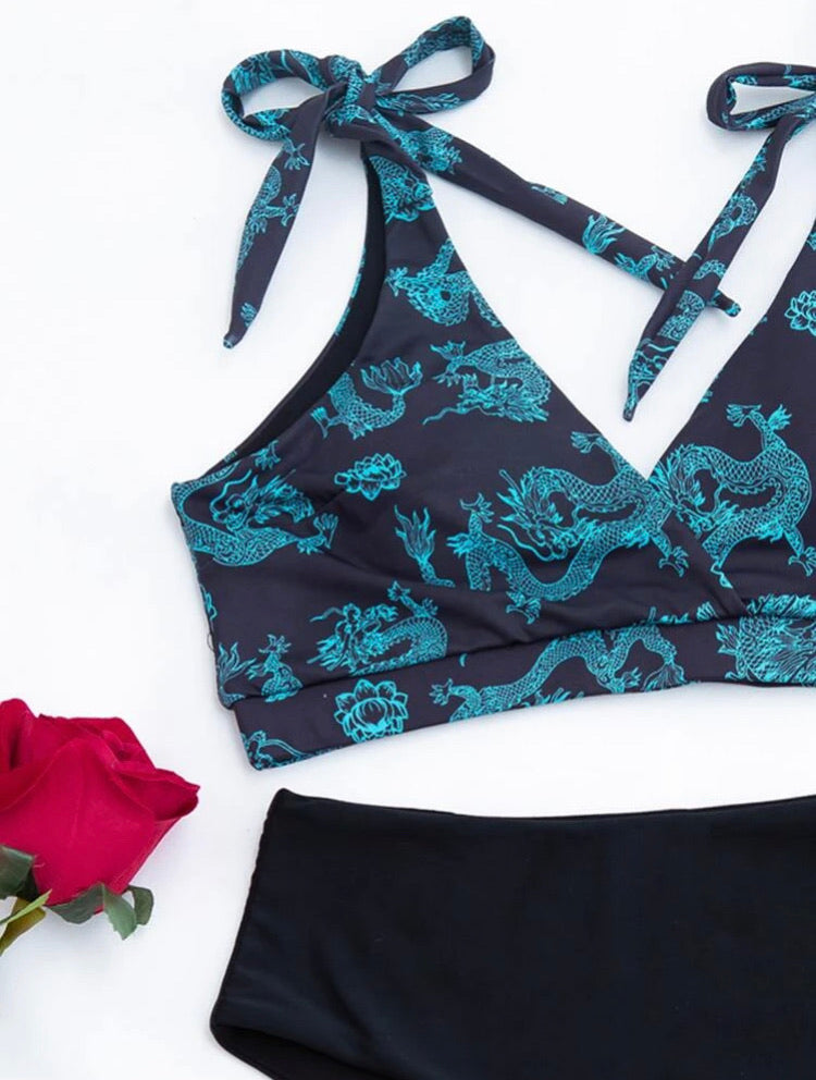 Dragon Print Tie Shoulder Bikini Swimsuit
