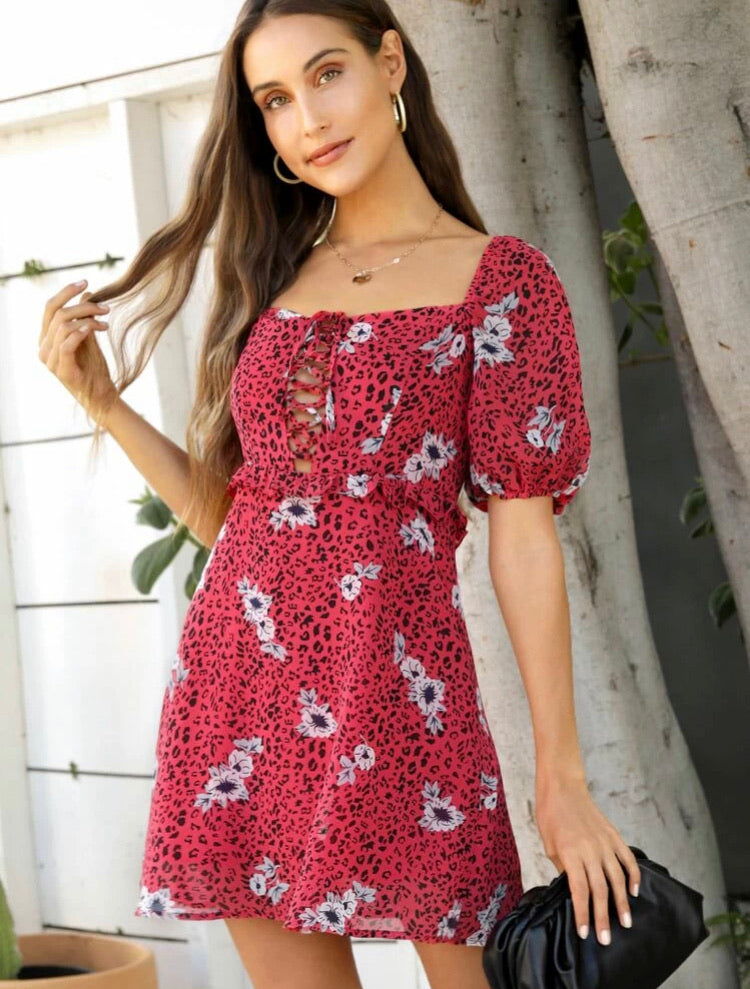 Lace Up Front Puff Sleeve Ruffle Detail Dress