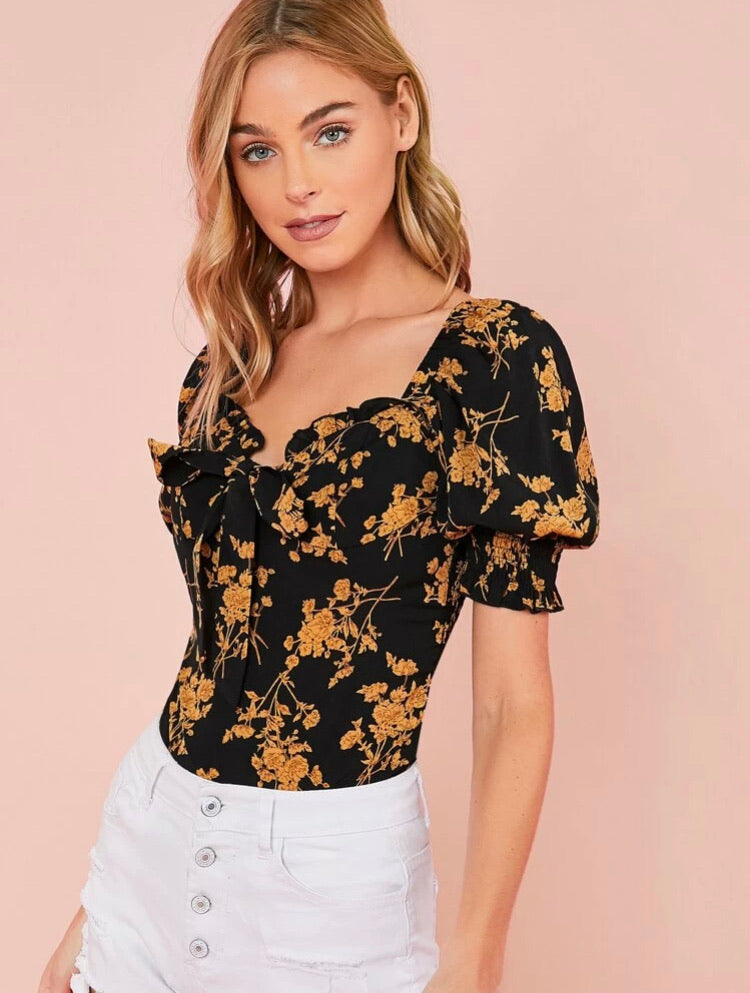 Tie Front Floral Print Milkmaid Top