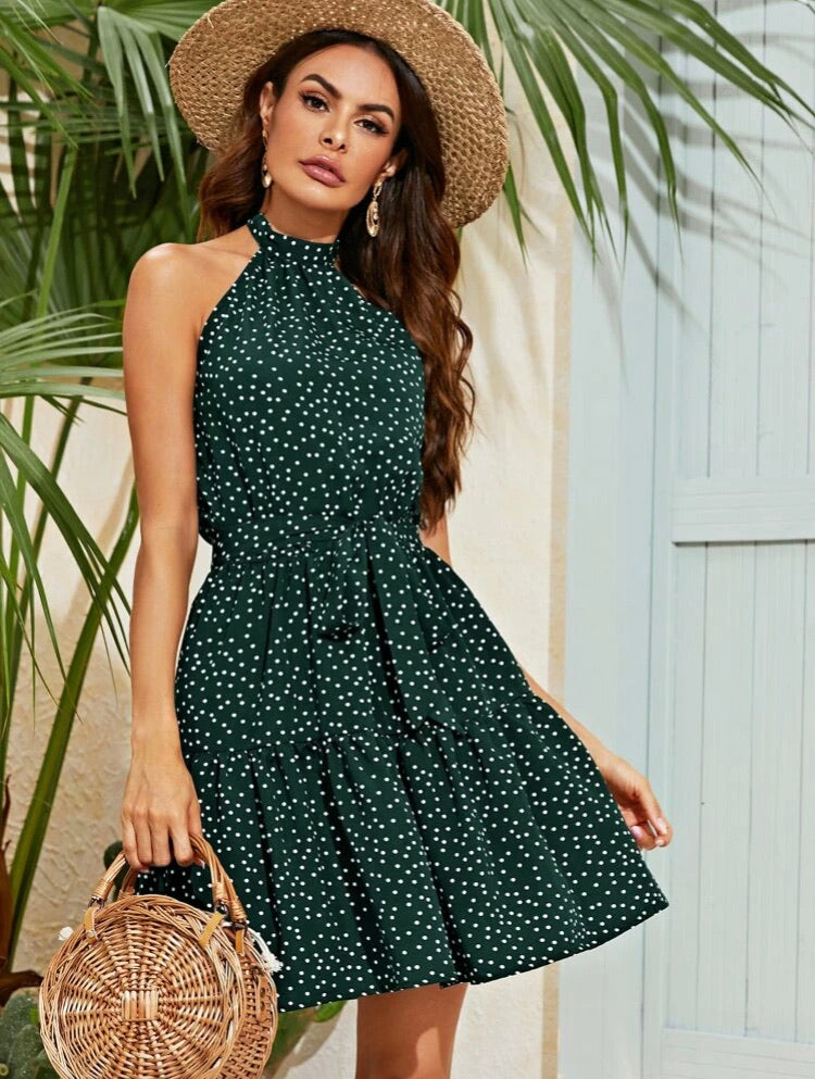 Self Tie Halterneck Polka Dot Belted Dress