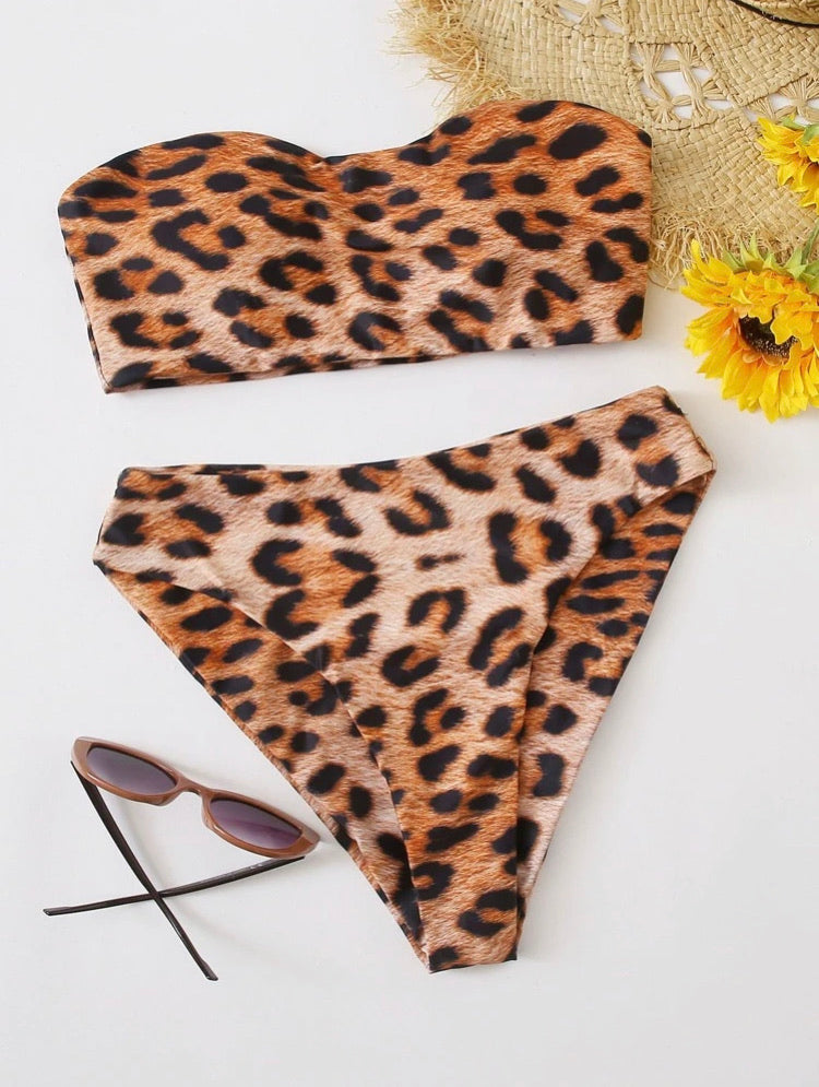 Leopard Bandeau High Waisted Bikini Swimsuit