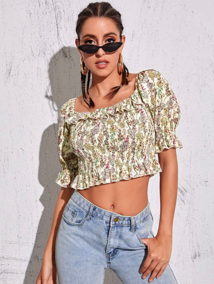 Ditsy Floral Shirred Ruffle Trim Blouse