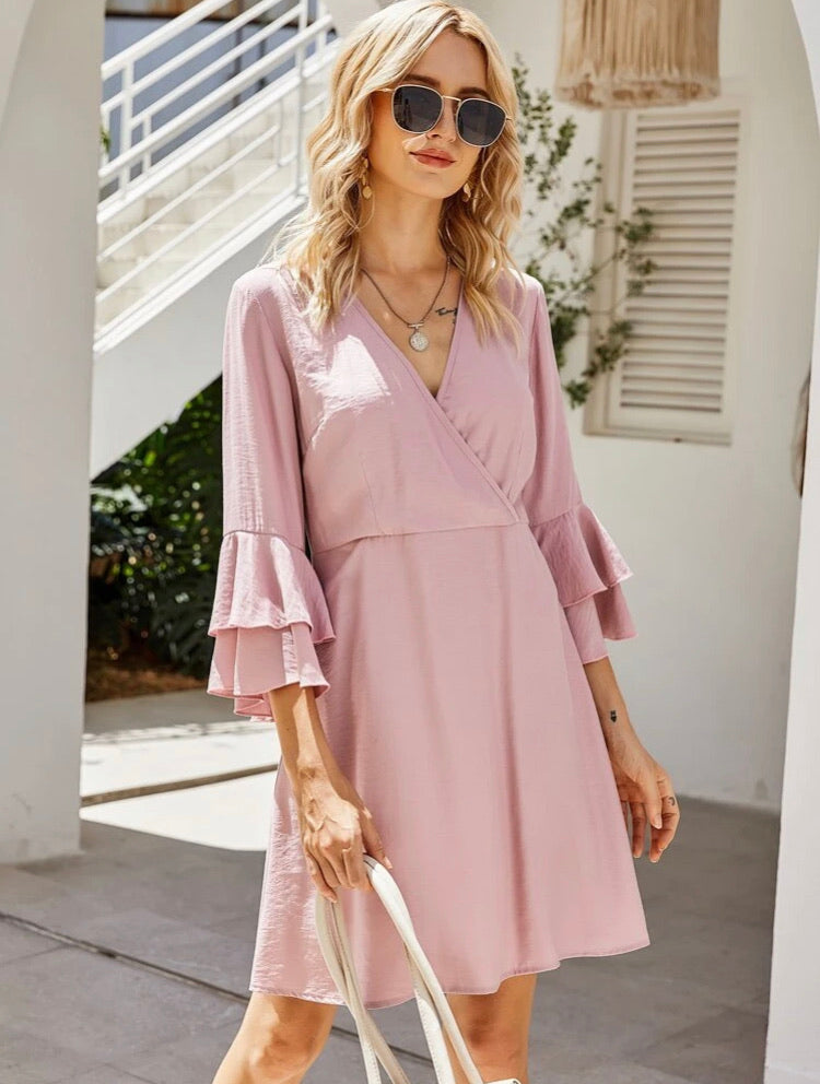 Surplice Neck Flounce Sleeve Dress