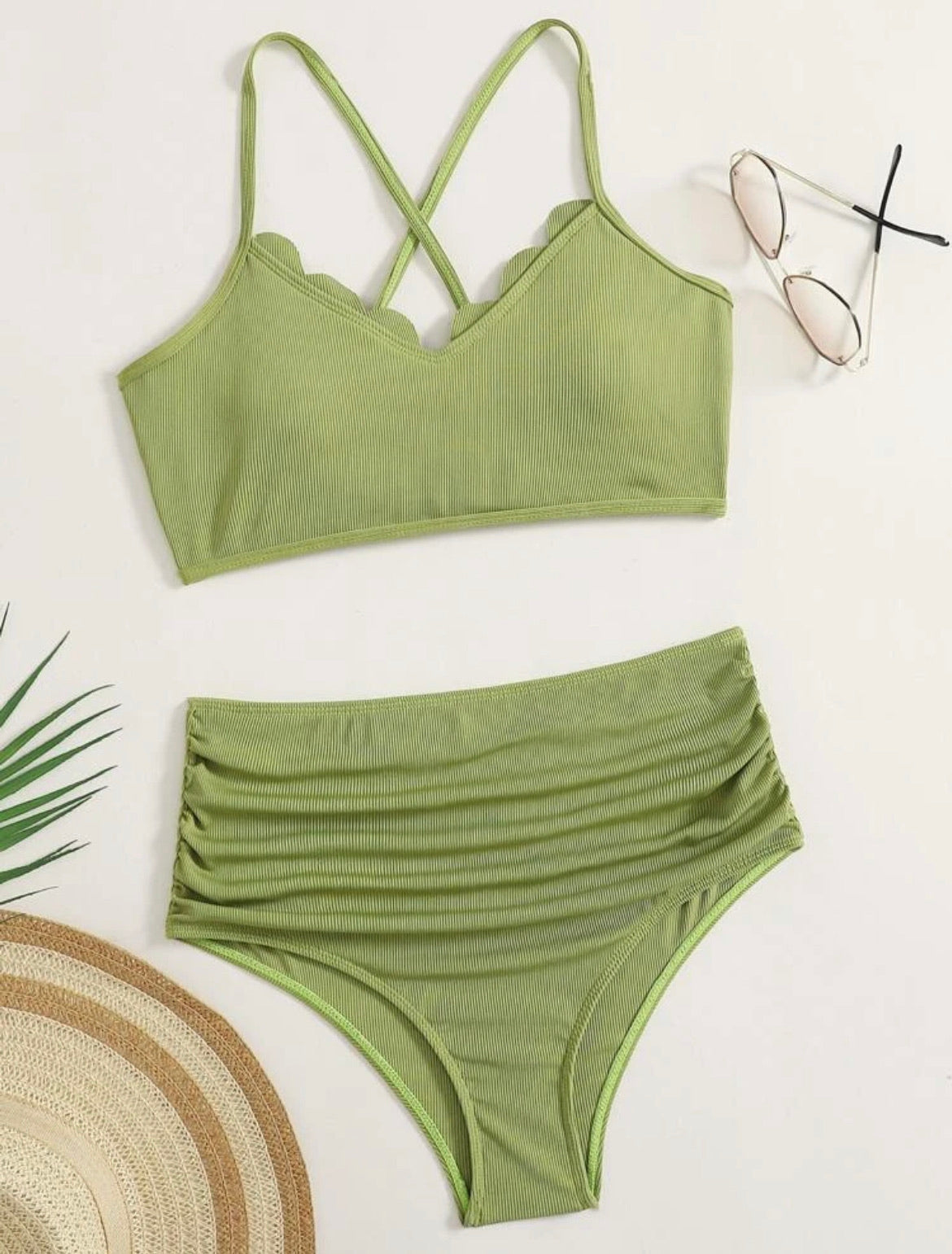 Rib Scalloped Trim Ruched Bikini Swimsuit