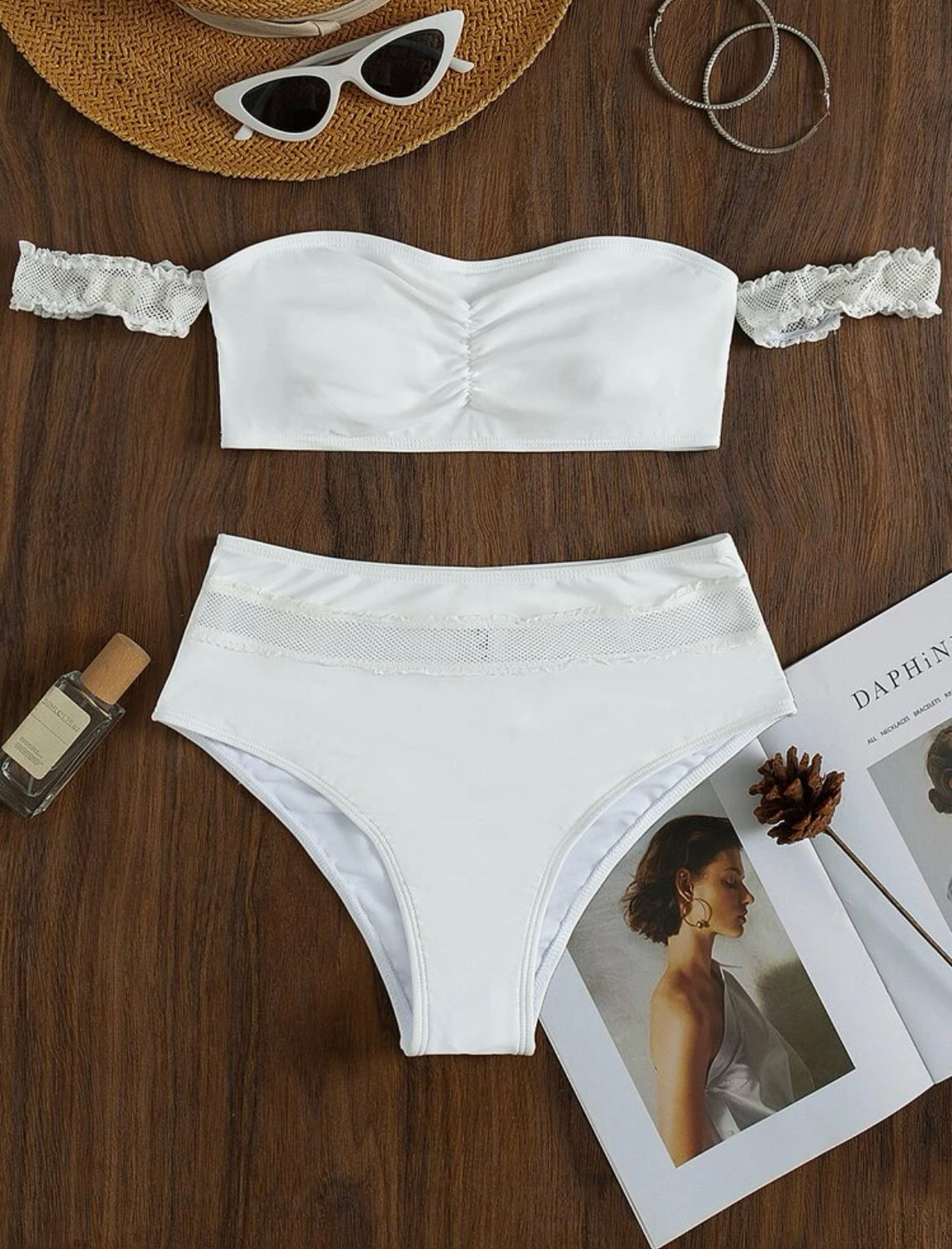 Ruched Bardot High Waisted Bikini Swimsuit