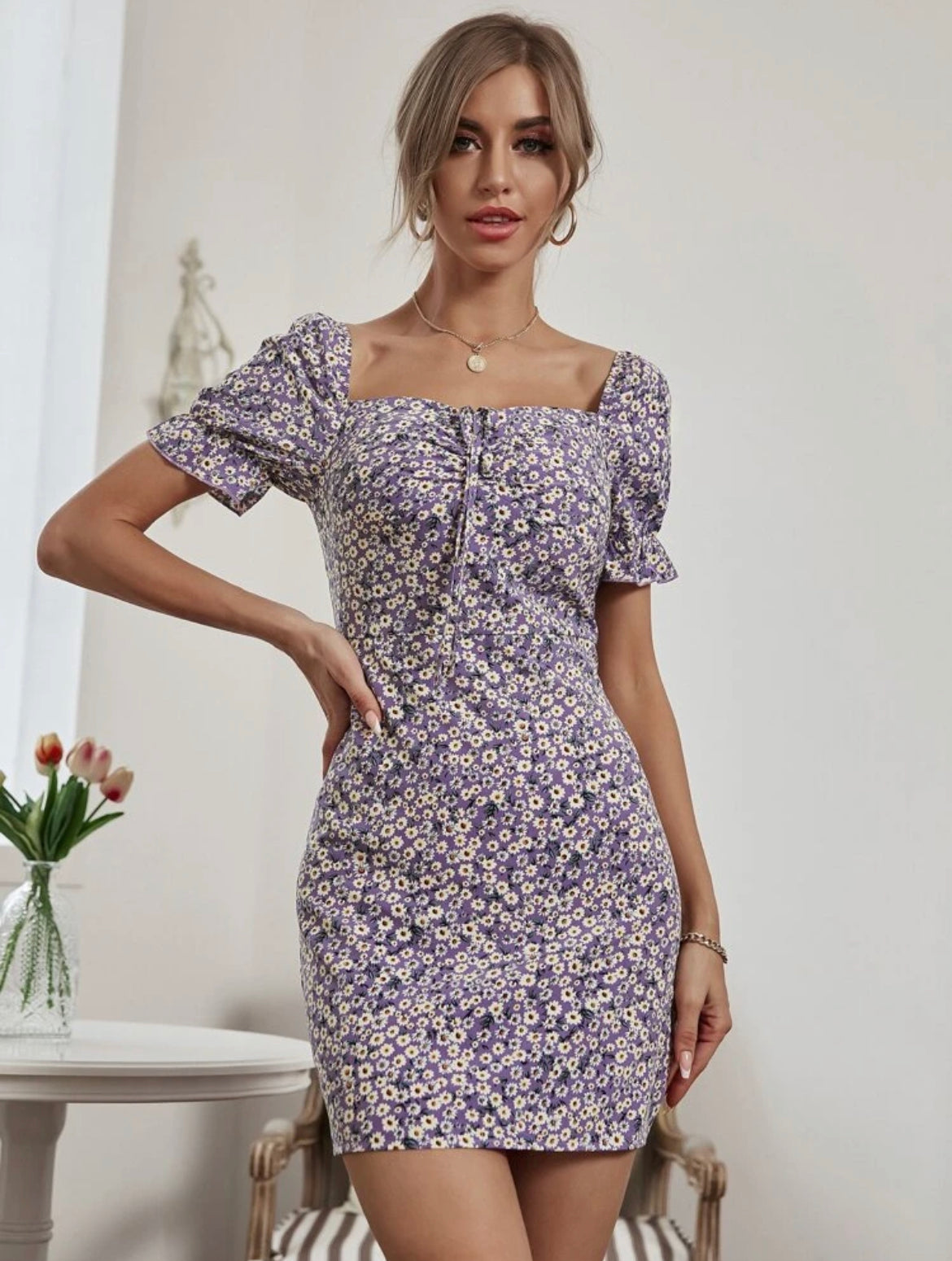Ditsy Floral Print Knot Front Dress